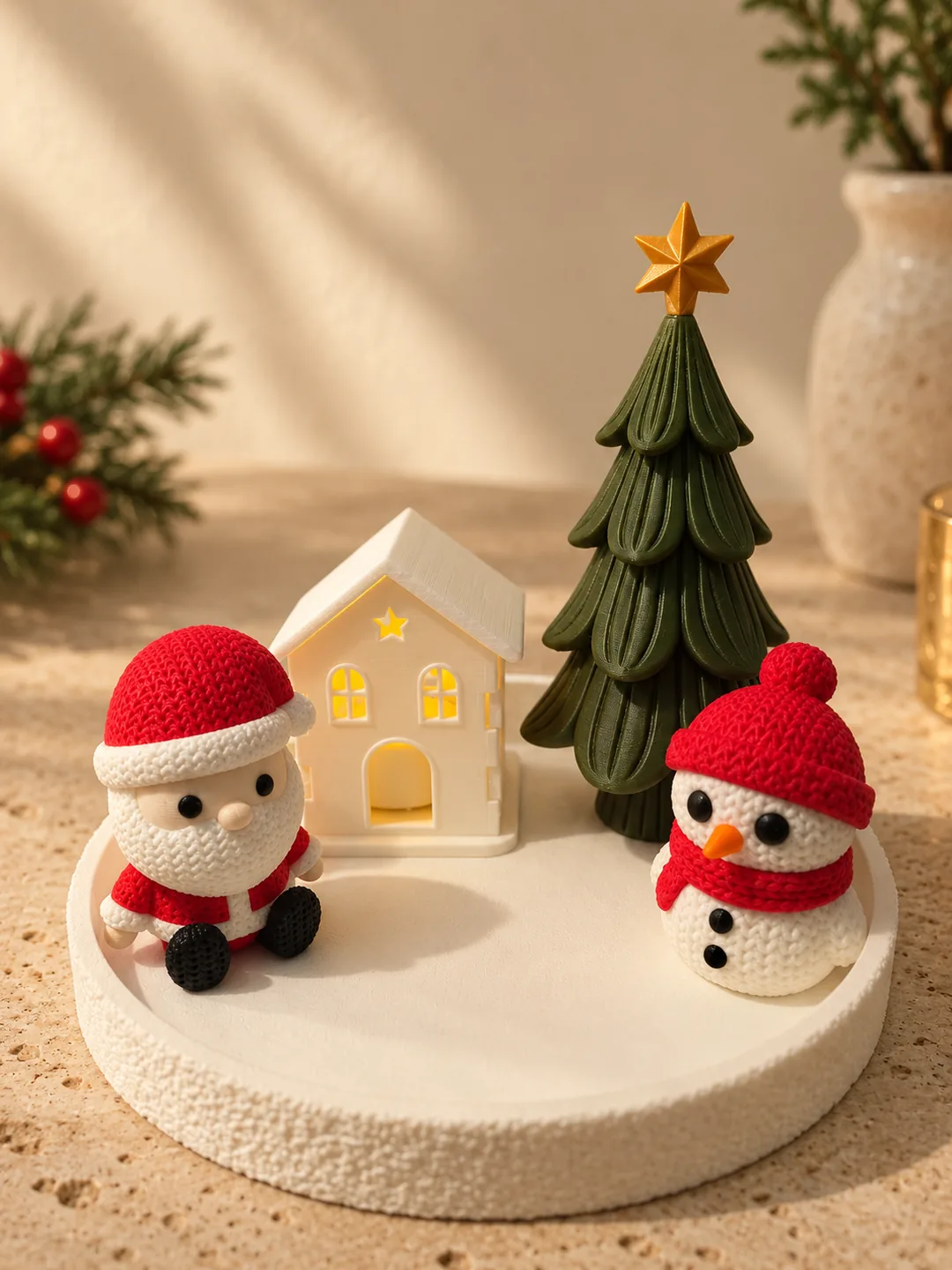 Imagem gerada com IA: Pai Natal e Boneco de Neve em tricô, uma casa iluminada e a Árvore de Natal sobre a Bandeja Grande