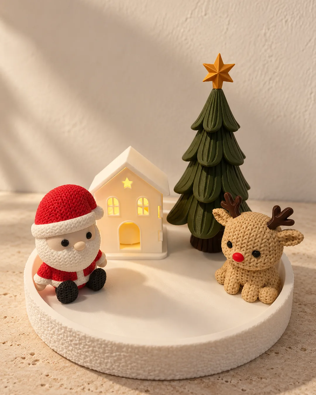 Imagem gerada com IA: Pai Natal e Rena em tricô ao lado de uma casa iluminada e da Árvore de Natal, sobre a Bandeja Grande