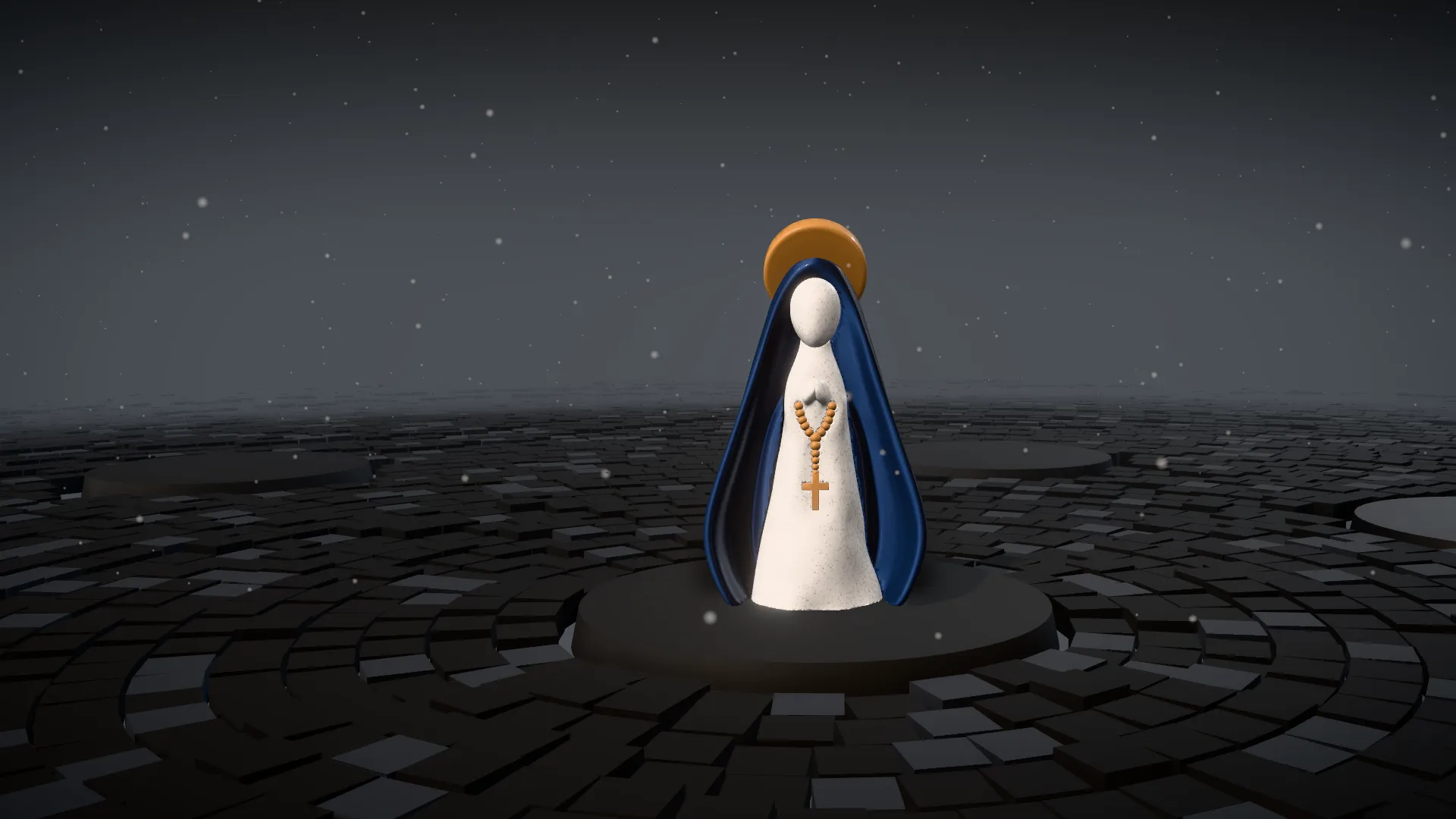 Nossa Senhora Decorativa impressa em 3D: manto de seda azul, corpo mármore com pintas, auréola e terço dourados, sobre a mesa de impressão.